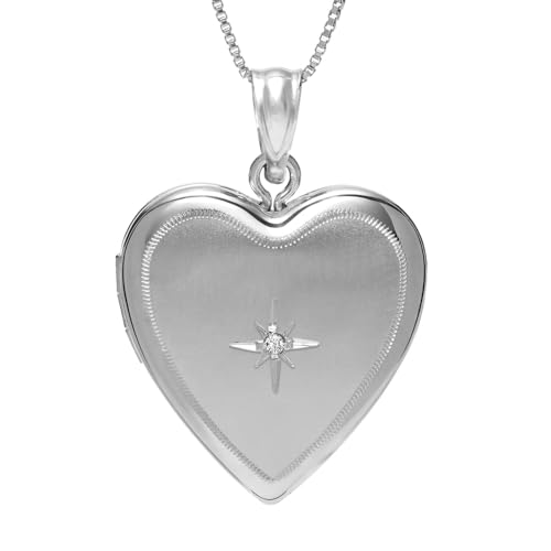 PicturesOnGold.com Heart Locket W/Diamond 2/3 Inch X 2/3 Inch Silver - style: Locket + Engraving