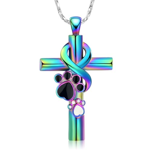 Paw Print Cremation Jewelry for Ashes for Pet Infinity Cross Urn Necklace for Ashes Stainless Steel Ashes Pendant Keepsake Memorial Jewelry for Dog Cat Ashes - color: rainbow