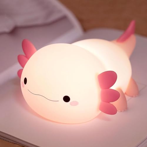 FAMIDUO Pink Axolotl Lamp, Food-Grade Silicone Squishy Night Light for Kids | 2-Level Touch Dimmable ,20-Min Auto-off Timer, Rechargeable Anti-Blue Warm Glow Nursery Bedside Decor, Cute Gifts for Girls - color: Pink Axolotl