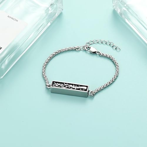 Tree of Life Urn Bracelets for Men Women Cylinder Bar Cremation Jewelry for Ashes Stainless Steel Adjustable Memorial Keepsake Bangle - color: Silver