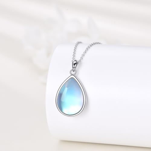 CRMAD Larimar/Opal/Lapis Lazuli/Tourmaline/Malachite/Labradorite/Turquoise/Onyx/Rose Quartz/Amber/Peridot Necklace for Women 925 Sterling Silver Teardrop Pendant Jewelry Gifts - color: Moonstone