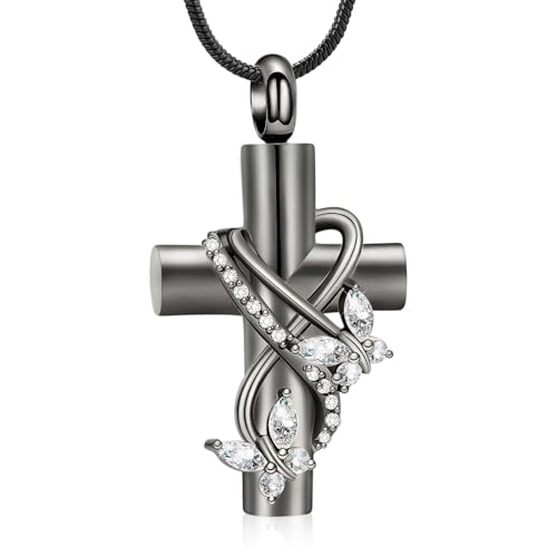 Urn Necklaces for Ashes Butterfly Cremation Jewelry for Ashes for Human Cross with Crystal Butterfly Memorial Ash Pendant Keepsake Jewelry Gifts for Loss of Loved One - color: Black