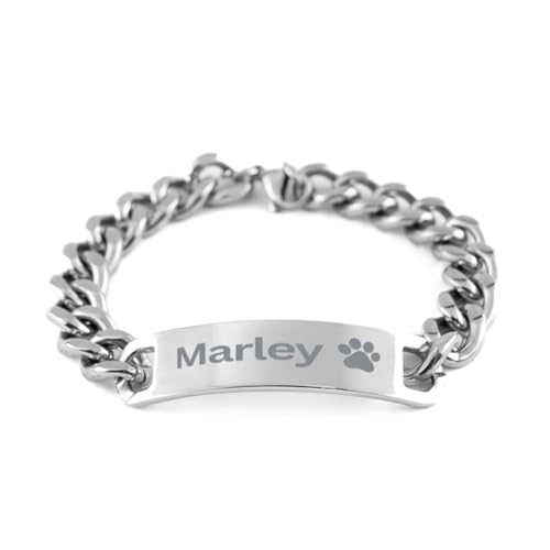 Marley Paw Print Name Cuban Chain Stainless Steel Bracelet - Loss of Pet Remembrance ID Plate Bracelet Dog Cat Pet Paw Pet Lover Memorial Gifts For Men Women, Engraved Adjustable