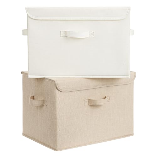 GRANNY SAYS Memory Keepsake Storage Box, Fabric Storage Bins with Lids | Flip-Top Lid, Collapsible, Stackable, 3 Handles, Ideal for Closet Clothes Blanket Toy, Extra Large, Ivory White&Khaki, 2-Pack - color: Ivory White&Khaki, size: Extra Large-2 Pack