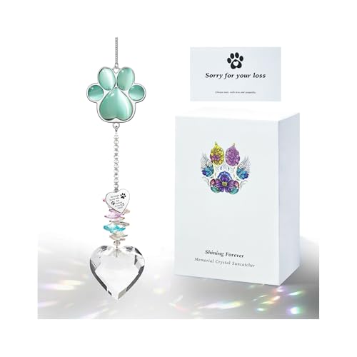 Dog Memorial Gifts, Pet Memorial Suncatcher, Loss of Dog Sympathy Gift | Thoughtful Dogs and Cats Bereavement Remembrance Gifts, Natural Cat's Eye Stone Paw Crystal Suncatcher - color: Jade