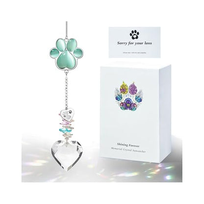 Dog Memorial Gifts, Pet Memorial Suncatcher, Loss of Dog Sympathy Gift | Thoughtful Dogs and Cats Bereavement Remembrance Gifts, Natural Cat's Eye Stone Paw Crystal Suncatcher - color: Jade