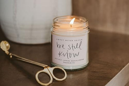 Sweet Water Decor, Be Still and Know, Sea Salt, Jasmine, Cream, and Wood Scented Soy Wax Candle for Home - Christian Candle Gifts for Women - 9oz Clear Jar, 40 Hour Burn Time, Made in the USA - style: Be Still and Know