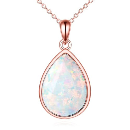 CRMAD Larimar/Opal/Lapis Lazuli/Tourmaline/Malachite/Labradorite/Turquoise/Onyx/Rose Quartz/Amber/Peridot Necklace for Women 925 Sterling Silver Teardrop Pendant Jewelry Gifts - color: opal - rose gold