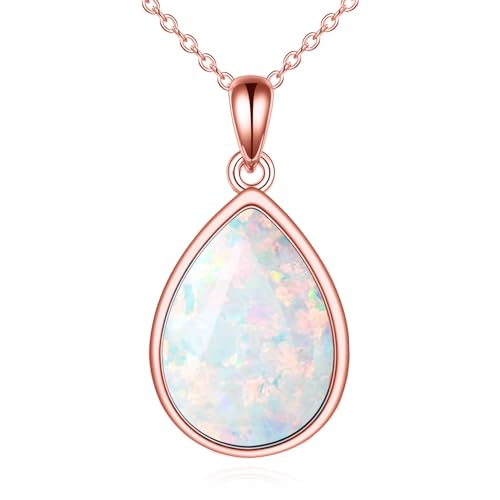 CRMAD Larimar/Opal/Lapis Lazuli/Tourmaline/Malachite/Labradorite/Turquoise/Onyx/Rose Quartz/Amber/Peridot Necklace for Women 925 Sterling Silver Teardrop Pendant Jewelry Gifts - color: opal - rose gold