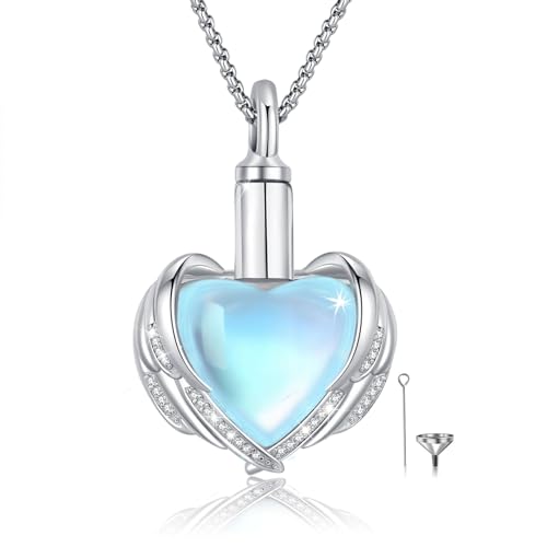 Cremation Jewelry 925 Sterling Silver Urn Necklace for Ashes for Women Men Memorial Pendant for Human Ashes Keepsake Put in Ashes of Loved Ones Cat Pet - color: A1-Heart Moonstone- Angel Wings