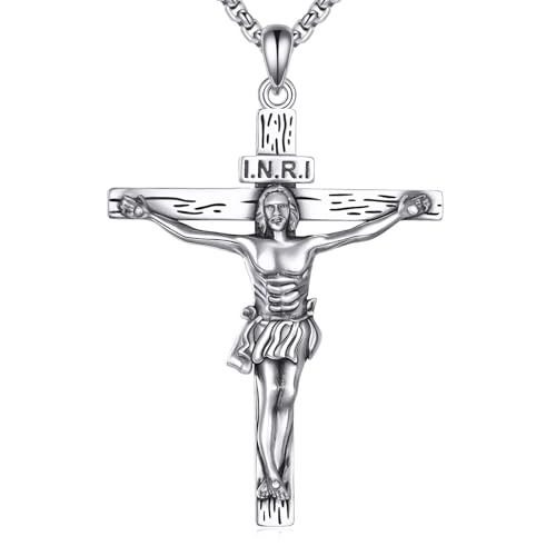 925 Sterling Silver Cross Necklace for Men & Women Crucifix Jesus/Cross Pendant with 22"+2" Stainless Steel Chain Jewelry Gift for Christmas, Father's Day, Mother's Day, Birthday-Gift Box Included - style: B04 Crucifix