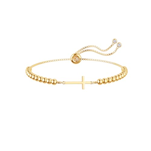 Moodear Cross Bracelet for Women, Dainty Sterling Silver/Gold Plated Gift | Christian Religious Gifts for Teen, Stocking Stuffers, Adjustable Link Bracelets, Sparkling CZ Cross, Non Tarnish Jewelry - color: Bead Gold Cross Bracelet