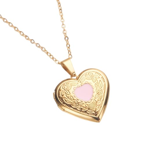COLORFUL BLING Locket Picture Pendant Necklace,Vintage Engraved Flower Empaistic Carved Pattern Oval Round Heart Necklace - color: 6-Pink heart