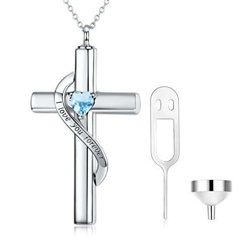 SOULMEET Personalize Solid 10k 14k 18k Real Gold Birthstone Cross Locket for Ashes, Simulated Gemstone Cross Urn Necklaces with Gold Chain Keepsake Cremation Jewelry - style: L-Custom White Gold December