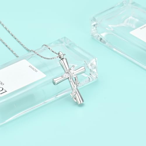 Butterfly Cross Urn Necklace for Ashes Birthstone Cremation Jewelry for Men Women Ashes Pendant Keepsake Memorial Ash Jewelry - color: Silver-White