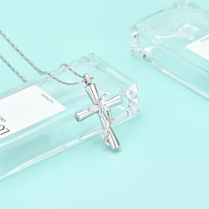 Butterfly Cross Urn Necklace for Ashes Birthstone Cremation Jewelry for Men Women Ashes Pendant Keepsake Memorial Ash Jewelry - color: Silver-White