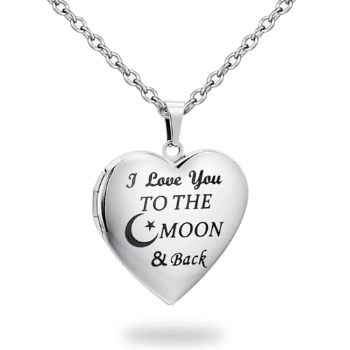 PHOCKSIN Personalized Locket Necklace for Women Photo Necklace with Customized Picture Birth Flower Birthstone Customizable Birthday Gifts - color: #17 Heart Silver Moon&back