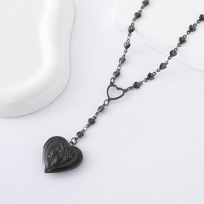 Personalized Heart Locket Necklace for Women Stainless Steel- Heart Necklace - color: Black-C