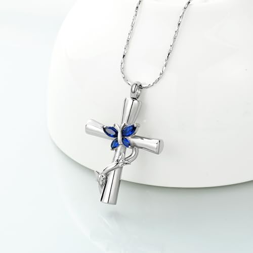 Imrsanl Cross with Butterfly Urn Necklaces for Ashes for Women - color: Silver Blue