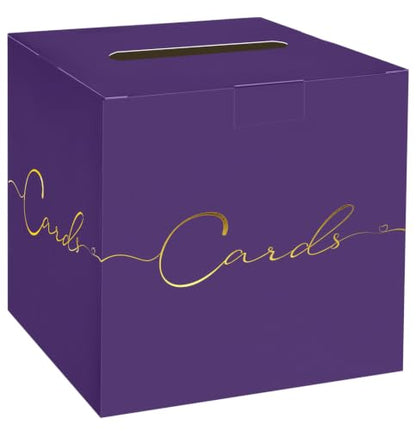 HEIPINIUYE Purple Wedding Card Box with Gold Foil 9.8" x 9.8" Purple Large Gift Card Box for Party Wedding Reception Graduation Birthday Baby Shower Cardboard Raffle Envelope Box with Slot - color: Purple Card Box with Gold Foil