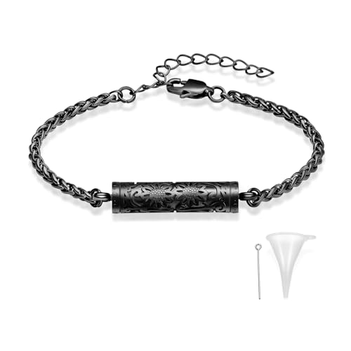 constantlife Cremation Bracelet for Ashes for Women Stainless Steel Sunflower Cylinder Urn Adjustable Link Bangle Memorial Jewelry Loved Ones Ashes Holder Keepsake - color: Black