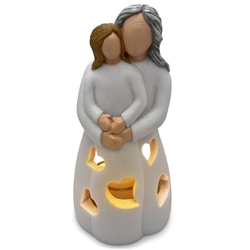 Hand-Painted Grandma-Granddaughter Candle Holder Statue Gift, with Flickering LED Candle | Gigi Grandmother Birthday Gift, Unique Nana Present Ideas for Christmas, Greeting Card Included - color: Grandma & Granddaughter (Light Brown)