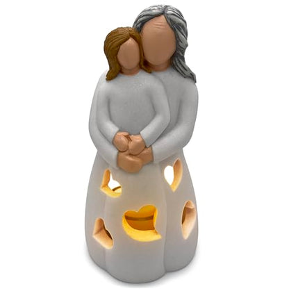 Hand-Painted Grandma-Granddaughter Candle Holder Statue Gift, with Flickering LED Candle | Gigi Grandmother Birthday Gift, Unique Nana Present Ideas for Christmas, Greeting Card Included - color: Grandma & Granddaughter (Light Brown)