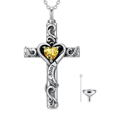 TOUPOP Cross Urn Necklaces for Ashes Birthstone Cremation Jewelry 925 Sterling Silver Cross Memorial Keepsake Jewelry for Women (with Funnel Filler) - color: 11-November-Citrine