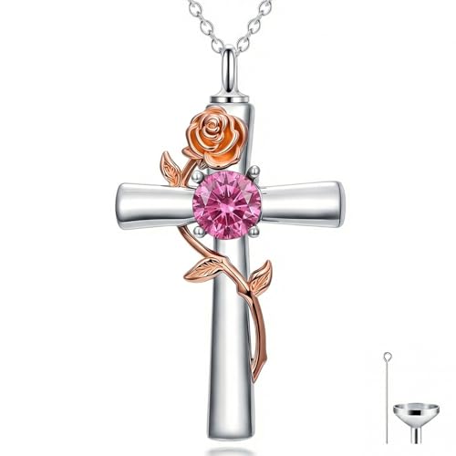 YYB Rose Flower Urn Necklaces Cross Birthstone Cremation Jewelry for Ashes Memorial Keepsake Funeral Pendant for Women - color: 10-Oct-Pink Tourmaline