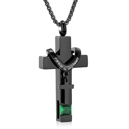 Oinsi Black Cross Urn Necklace For Ashes Of Loved Ones With Birthstone Always In My Heart Cremation Jewelry Keepsake Pendant Women Men - color: Green Stone