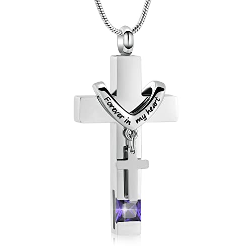 Forever in My Heart Birthstone Personalized Double Cross Urn Pendant Cremation Jewelry for Ashes Cross Ashes Keepsake - color: Silver-Purple