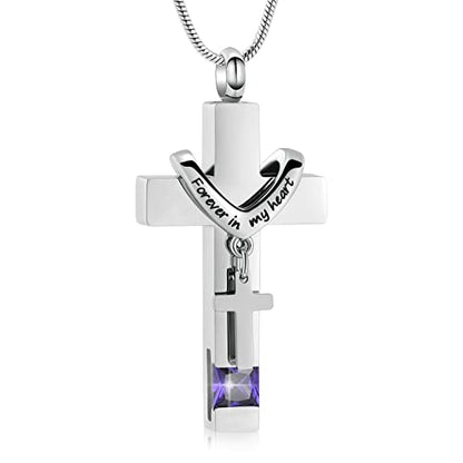 Forever in My Heart Birthstone Personalized Double Cross Urn Pendant Cremation Jewelry for Ashes Cross Ashes Keepsake - color: Silver-Purple