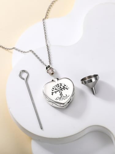 TOUPOP Tree of Life Urn Necklaces for Ashes 925 Sterling Silver Heart Cremation Jewelry Memorial Keepsake Jewelry with Funnel Filler for Women Men - color: A-Heart Tree of Life-Pearl Shell