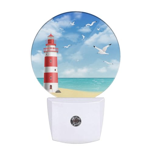 Lighthouse Seabirds Night Lights Plug into Wall Ocean Beach Seagull Blue Sunny Sky Clouds LED Dusk to Dawn Plug-in Nightlight Auto Sensor for Bedroom Bathroom Hallway Living Room - color: Lighthouse Seabirds