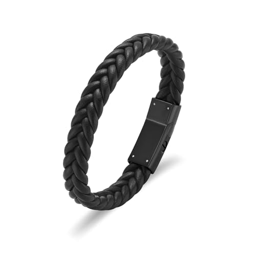 Cremation Jewelry Urn Bracelet for Ashes Men's Braided Genuine Leather Stainless Steel Memorial Cuff Bangle Braided Wristband Bracelet Keepsake Jewelry for Loved Ones with Fill Tool - color: C-Black 22cm/8.66"