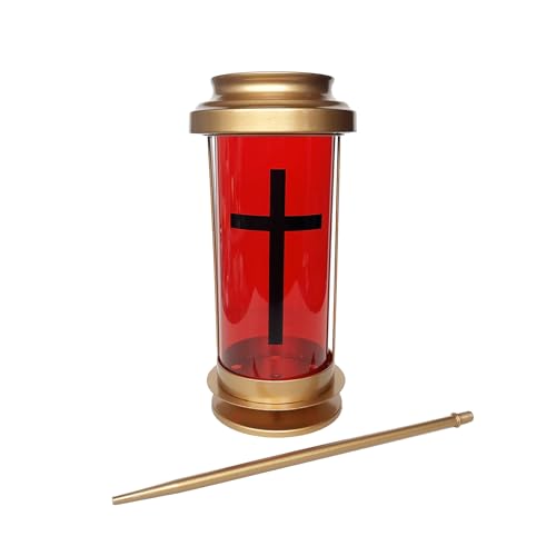 Solar Lights Outdoor Cross for Cemetery Grave with Long Stake, Lantern Candle Holder, Red Acrylic Solar Garden Decor, Gold Metal Cross for Cemetery Grave, Water-Resistant Memorial Decorations - color: Red and Gold, size: J2