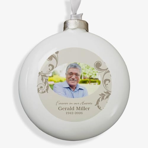 Personalization Universe Personalized Photo Memorial Ornament, in Loving Memory, Christmas Tree Ornaments, Customized with Name and Dates, Porcelain Keepsake, Antique Silver Cap, 4" Diameter 3D - style: 3D Disc