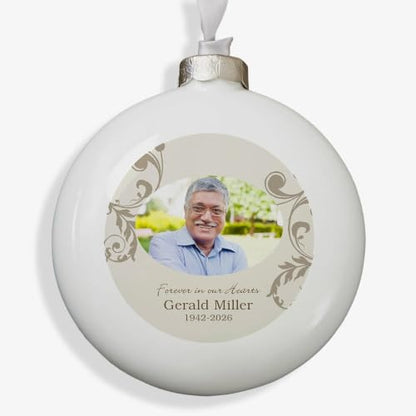 Personalization Universe Personalized Photo Memorial Ornament, in Loving Memory, Christmas Tree Ornaments, Customized with Name and Dates, Porcelain Keepsake, Antique Silver Cap, 4" Diameter 3D - style: 3D Disc