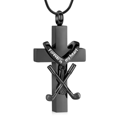 zeqingjw Cross Urn Necklace for Ashes for Men Women Stainless Steel Cremation Golf Clubs Jewelry Ashes Keepsake Memorial Pendant Ash Holder of Loved Ones - color: Black