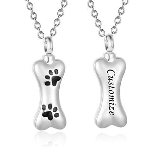 Custom Dog Bone Memorial Pendant Necklace with Paw Print, Stainless Steel Personalized Pet Cremation Jewelry Puppy Animal Urn Pendant Best Friends Friendship Pet Keepsake Gifts Dog Urn Necklace for Ashes for Dog Lovers - color: Customize