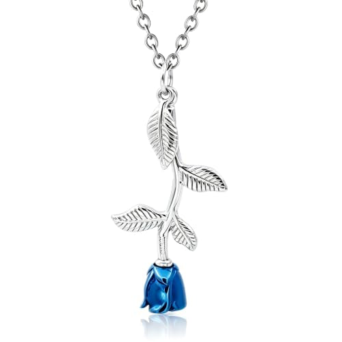 Eternal Rose Cremation Necklace - Stainless Steel Memorial Urn Pendant with Leaf & Stem for Ashes, Keepsake Jewelry for Loved Ones - color: Silver-Blue