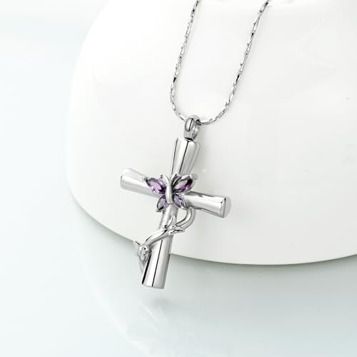Imrsanl Cross with Butterfly Urn Necklaces for Ashes for Women - color: Silver Purple