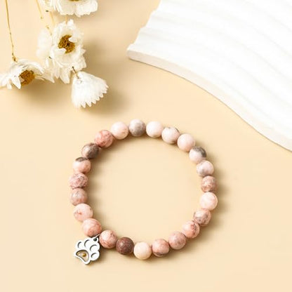 VZBarn Memorial Gifts for Loss of Pet’s Mom Pet Keepsake Dog Cat Paw Charm Natural Stone Bracelet Remembrance Gift for Women - color: Pink Stainless Steel