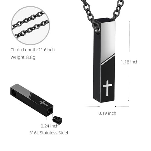 Cremation Jewelry Bar Urn Necklace for Ashes Cross Pattern Cube Ash Pendant with Mini Keepsake Urn Memorial Ashes Jewelry for Women Men - With Me Always - color: Black