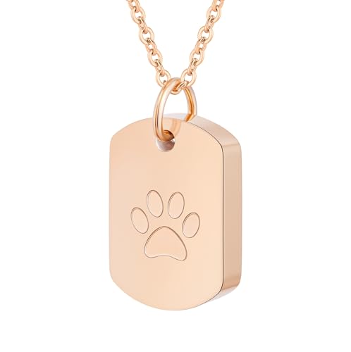 Stainless Steel Pet Memorial Urn Necklace Dog Tag Style Paw Print Cremation Jewelry for Ashes Keepsake Pendant for Beloved Dogs & Cats - color: Rose Gold