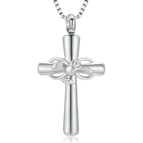 XSMZB Rose Flower Cross Cremation Jewelry for Ashes Human Pet Funeral Urn Pendant Cross Keepsake Ashes Necklace Memorial Gift - color: Silver