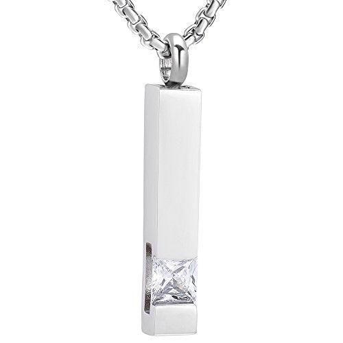 Oinsi Urn Necklaces for Ashes Crystal Cremation Urn Jewelry Birthstone Cube Urns for Human Ashes Memorial Ashes Necklace Pendant Keepsake CZ Bar Urn Locket for Men Women - color: Sliver (White Stone)