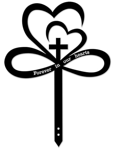 ”Forever in Our Hearts“ Metal Infinity Heart Cross Cemetery Decorations for Grave, Eternal Love & Faith Memorial Grave Marker with Cross, Two Hearts & Infinity Ring, Neutral Cemetery Decor for Humans & Pets, Weatherproof Sympathy Gift - style: Modern