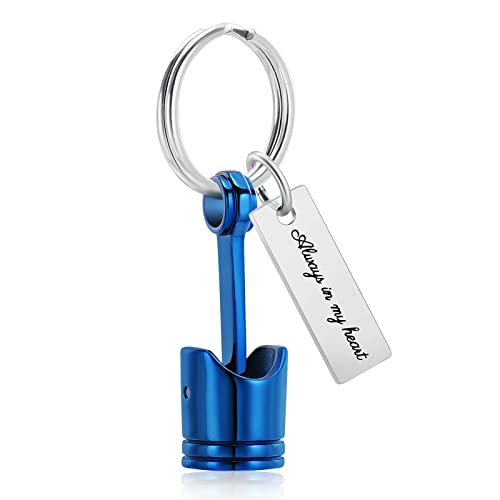 Yinplsmemory Auto Part Cremation Urn Keychain for Ashes for Men's Motor Piston Ashes Keepsake Memorial Jewelry for Dad - color: Blue