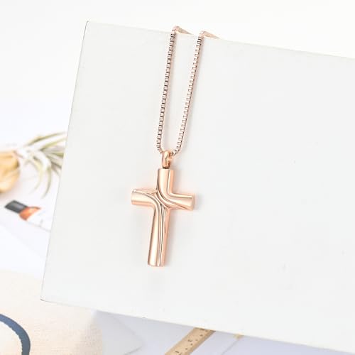 XSMZB Cross Cremation Jewelry Memorial Pendant Urn Necklace for Ashes of Loved One Funeral Ashes Keepsake Necklaces for Men Women - color: Rose Gold